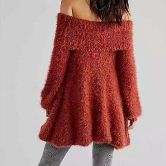 Free People S Sweater Mini Dress "Mallow" Terracotta FUZZY - Picture 3 of 9